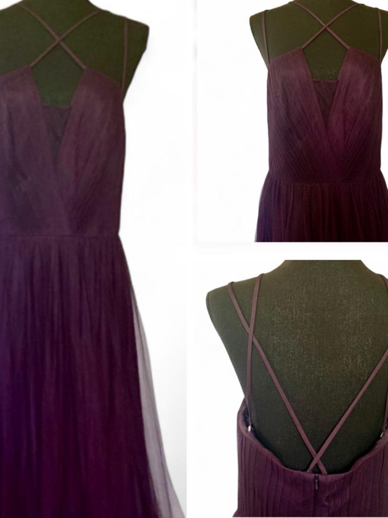 Hayley Paige Occasions Plum Purple Pleated A-Line Dress With Crisscross Straps